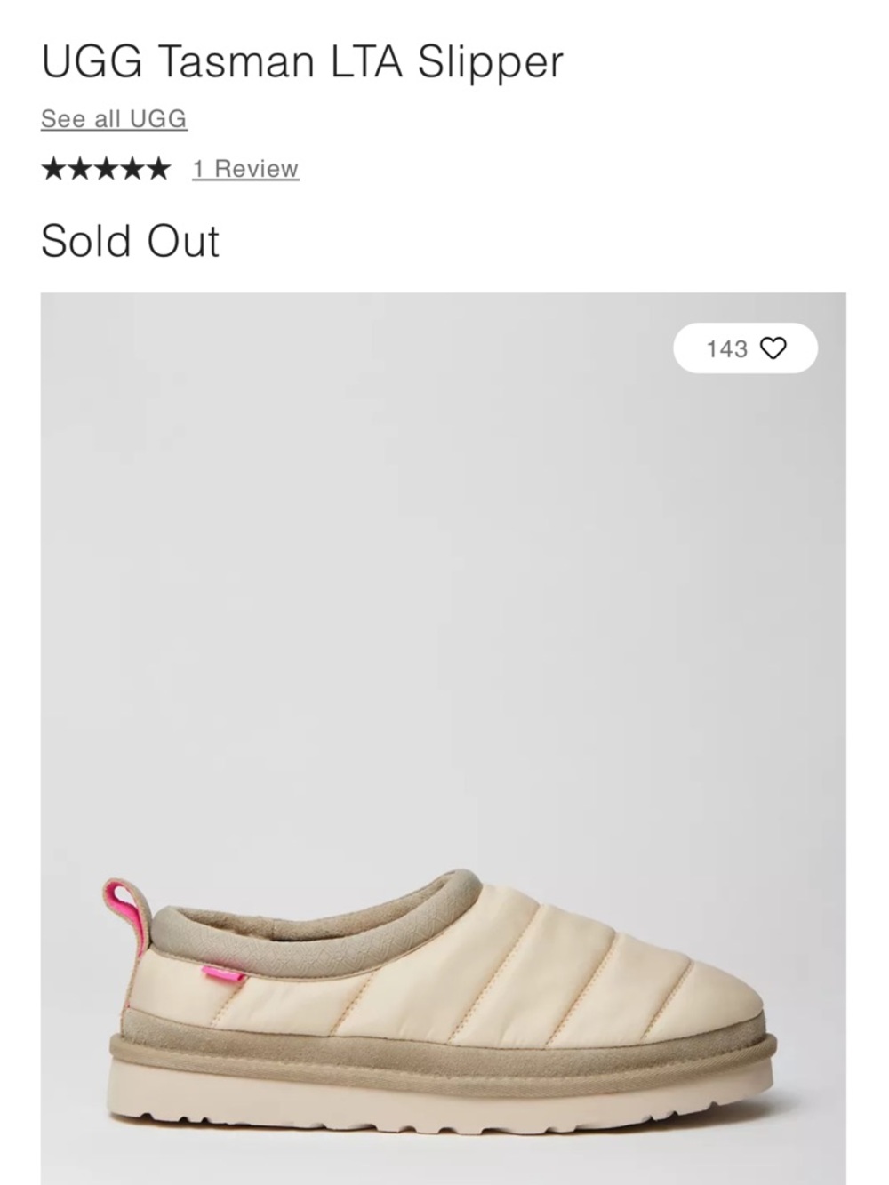 UGG Tasman Quilted Cream Slip-On Slippers with Pink Pull Tabs nwt